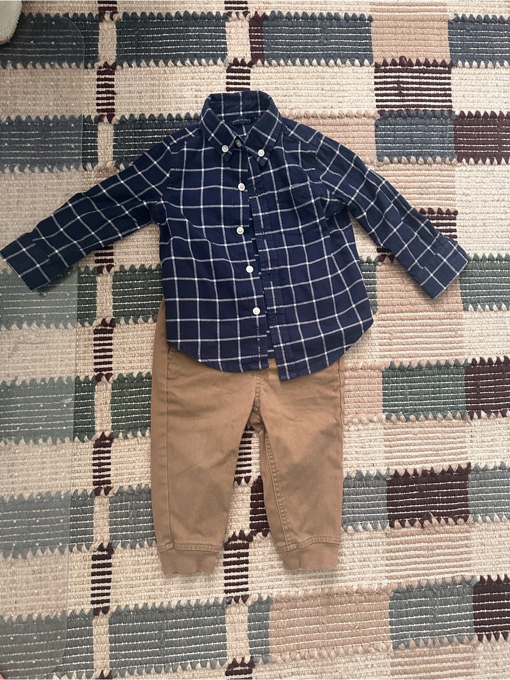Janie and Jack Navy Flannel Buttondown Shirt and Brown Joggers